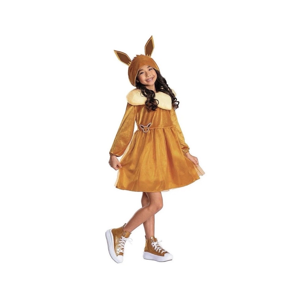 Pokemon Eevee Girls Costume Dress Hooded Ears Removable Collar Brown Gold 4-6X